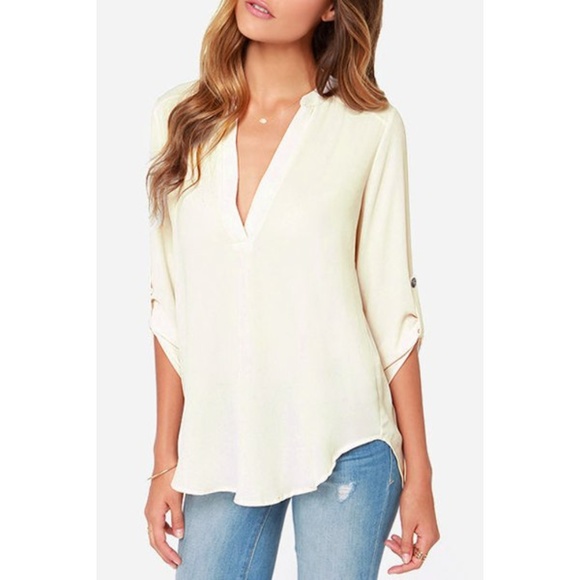 Tops - Simple Style Long Sleeve Plunging Neck Pure Color